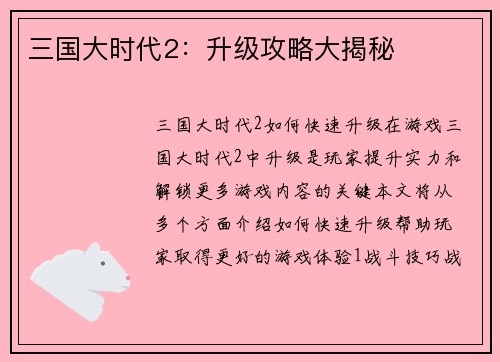 三国大时代2：升级攻略大揭秘